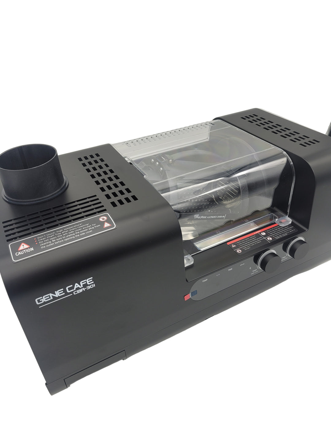 Black electronic device with a transparent front panel on a white background