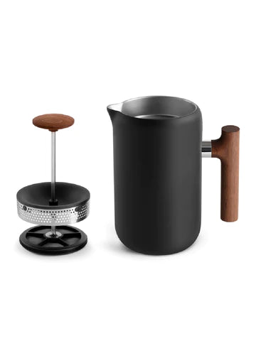 FELLOW Clara French Press - Matte Black & Walnut Handles apart to show components
