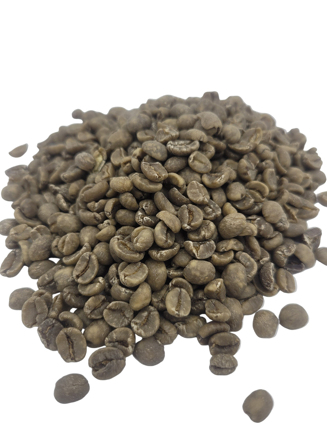 Pile of green coffee beans on a white background