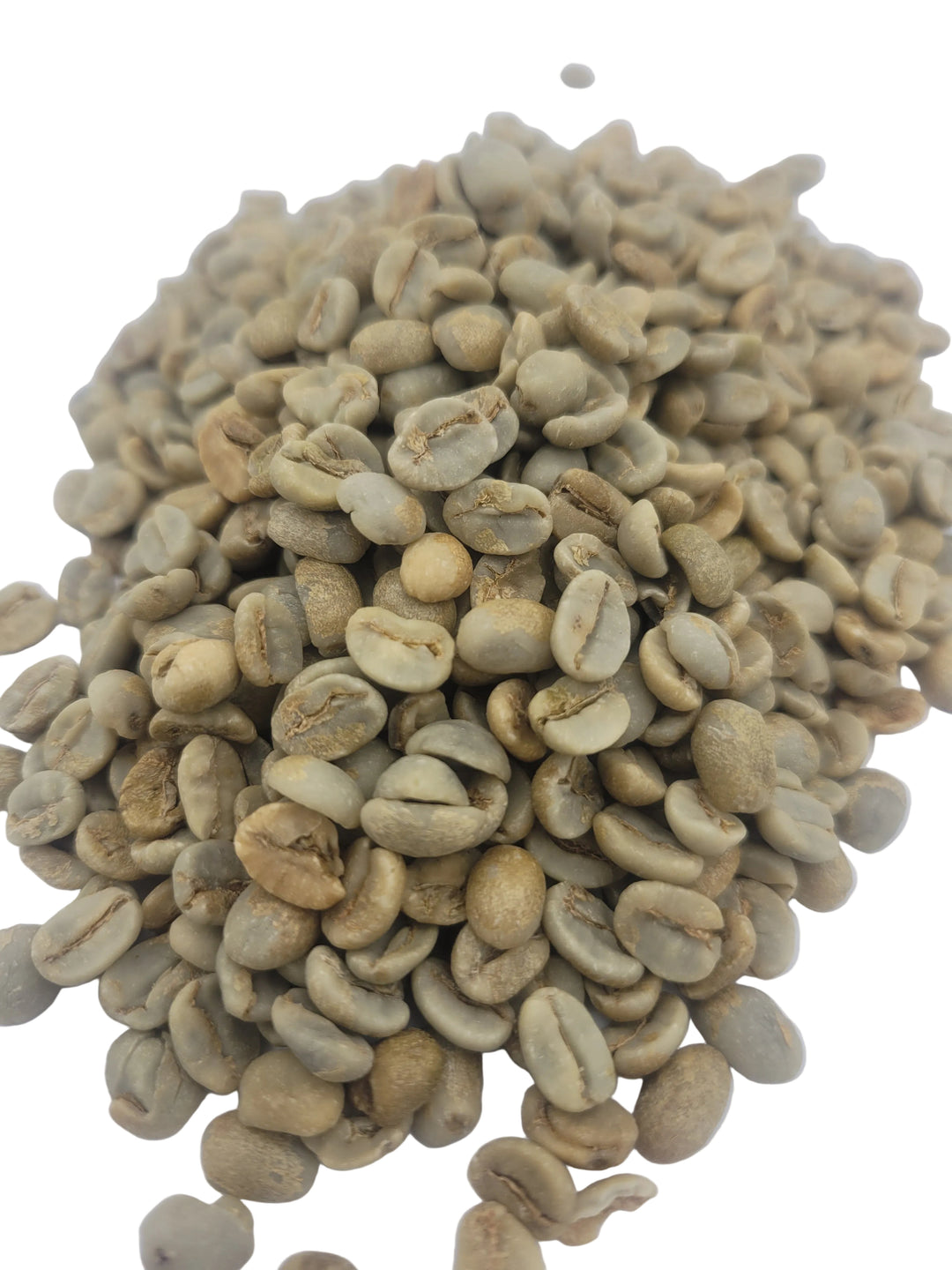 Unroasted green coffee beans on a white background