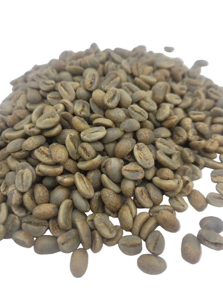 Close-up of green coffee beans on a white background