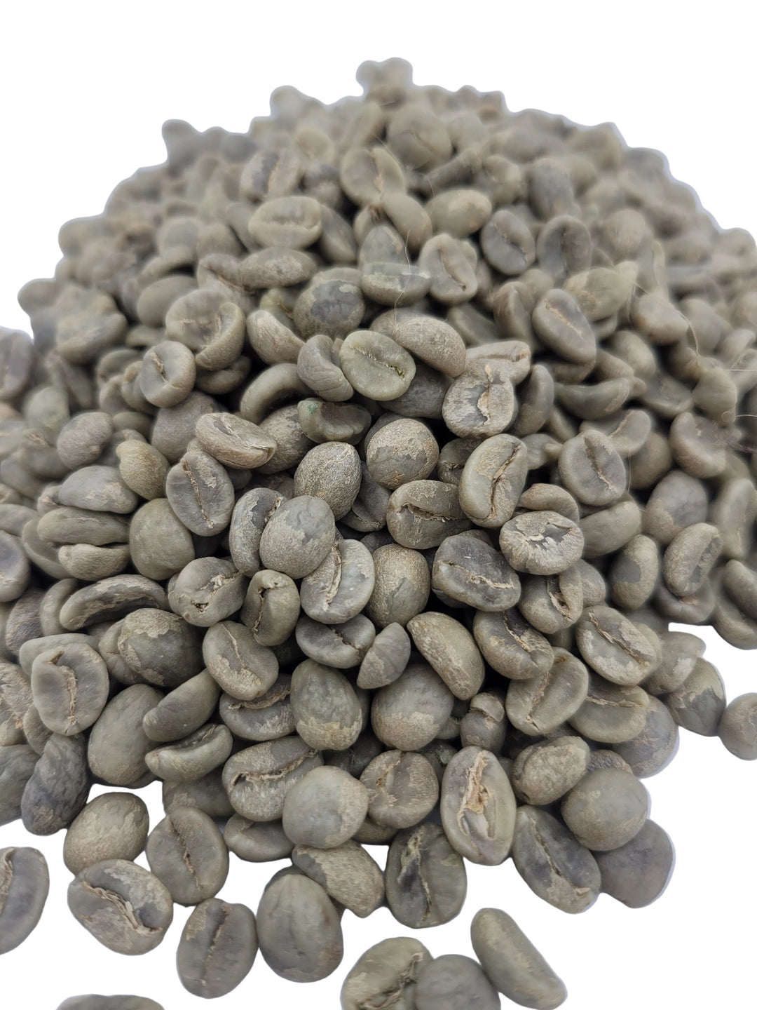 Green coffee beans on a white background