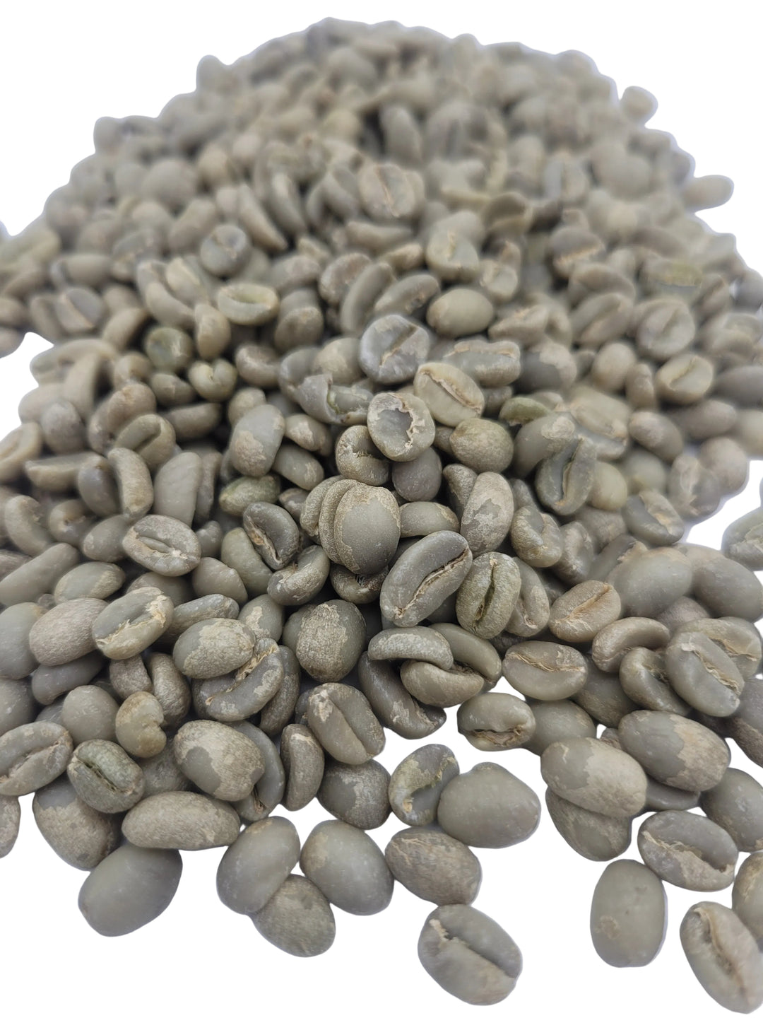 Close-up of green coffee beans on a white background