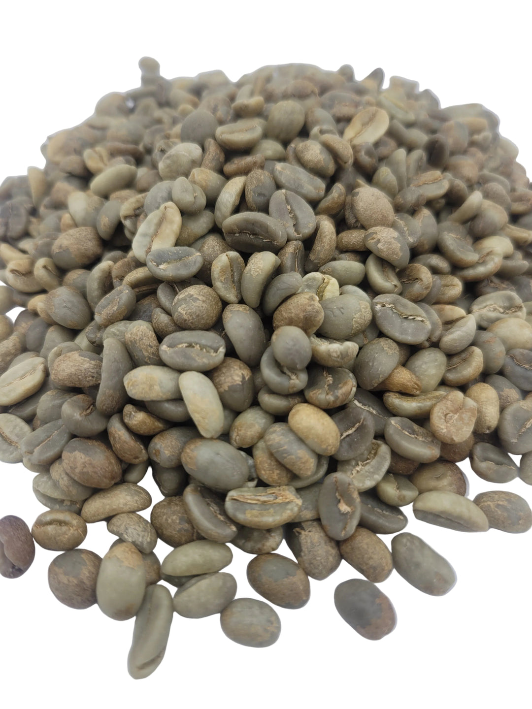 Pile of green coffee beans on a white background