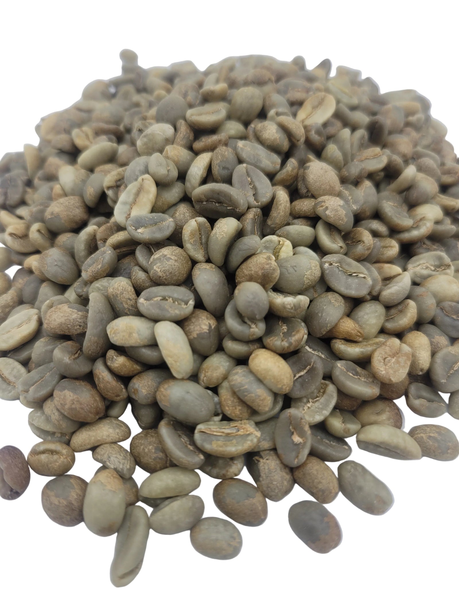 Pile of green coffee beans on a white background