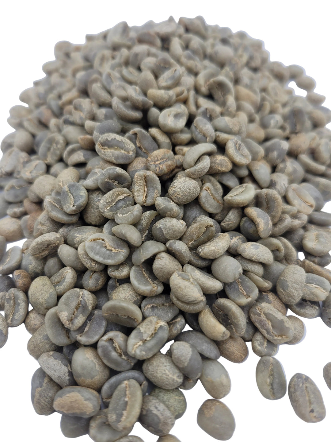 Green coffee beans on a white background