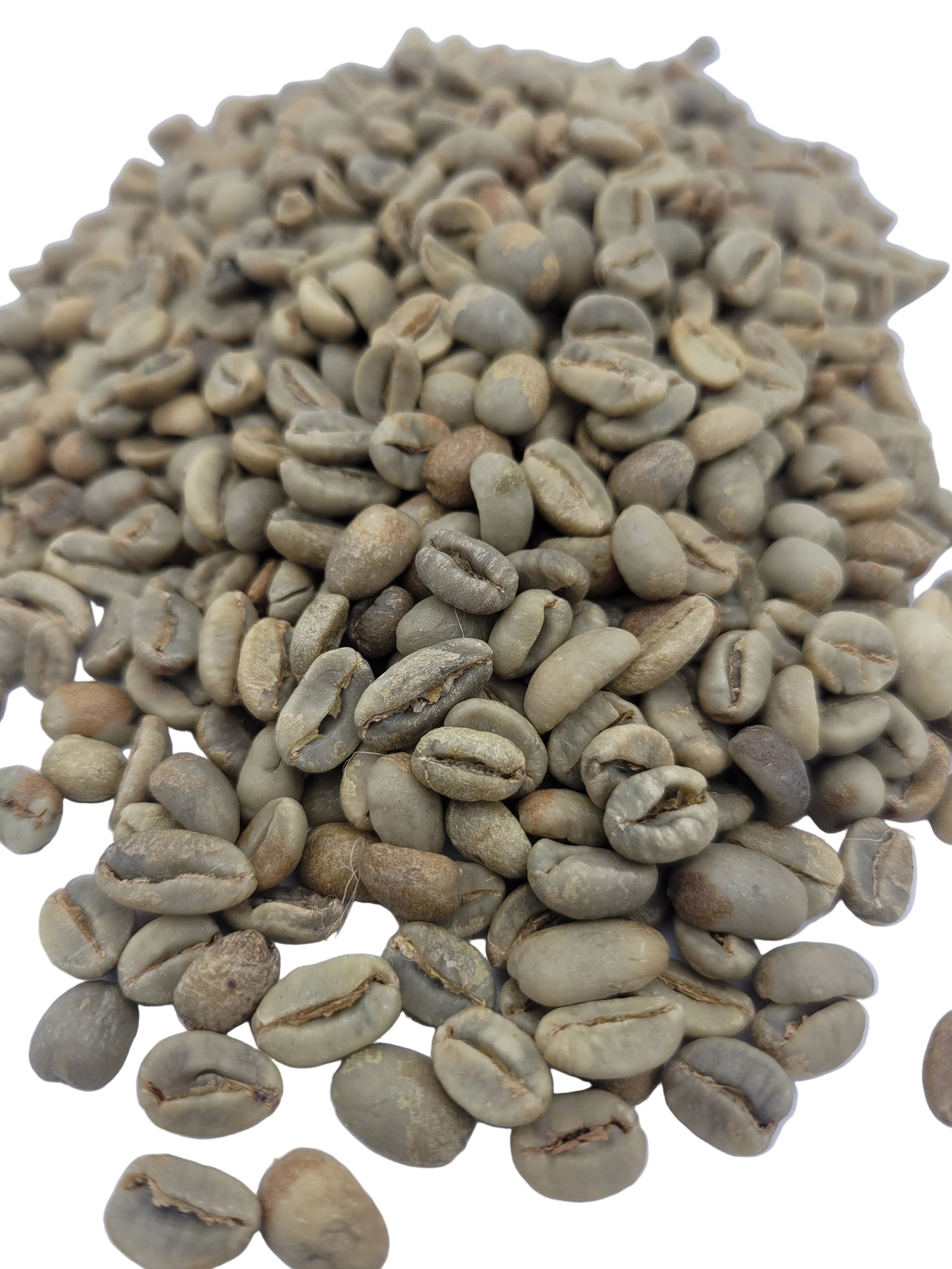 Green coffee beans on a white background