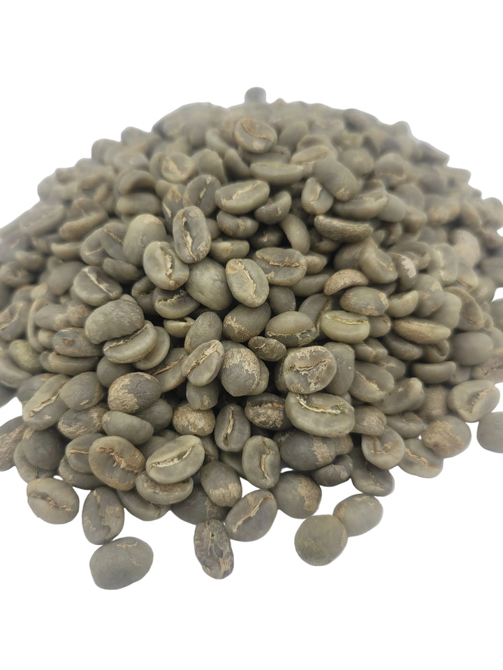 Green coffee beans on a white background